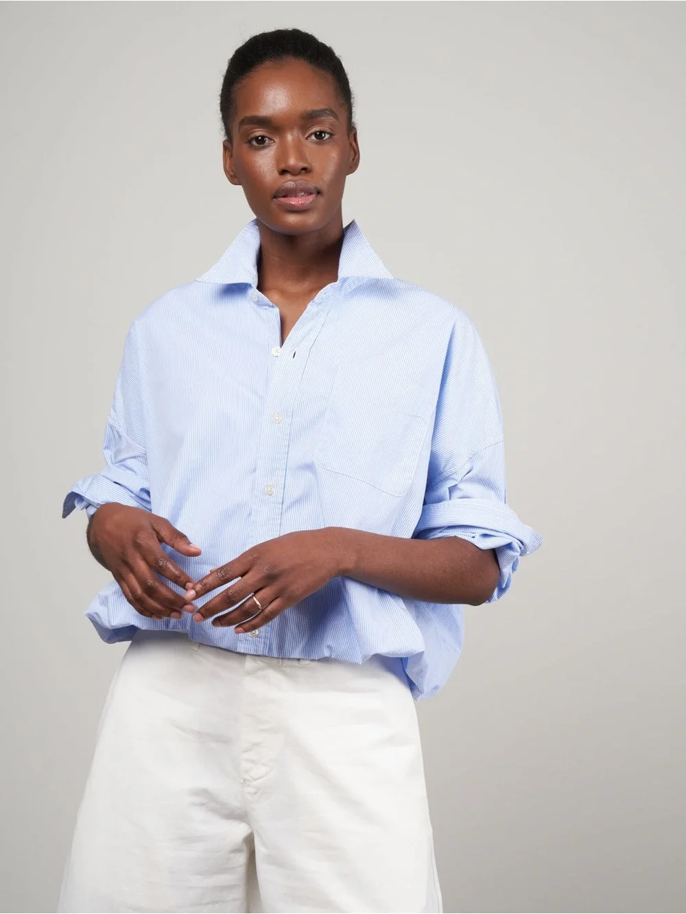 R13 Gathered Hem Shirt Light Blue Pinstripe Medium Long Sleeve Button Front
